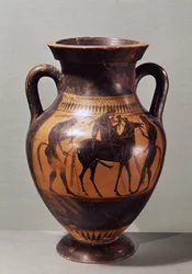 Anfora a figure nere attica raffigurante Dioniso su un mulo e due Sileni, c.510 a.C.